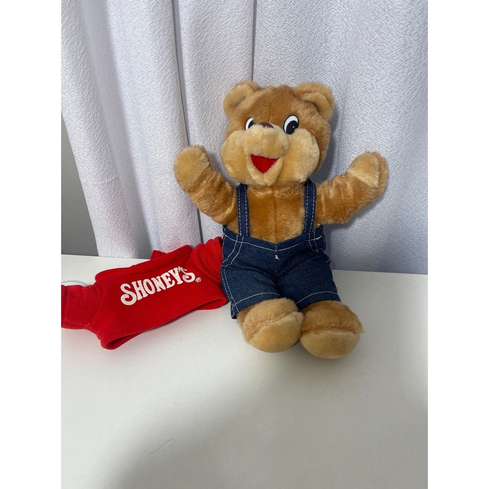 Shoneys Bear Plush Stuffed Animal Red Shirt Denim Overalls Vintage Toy 1986 - Picture 6 of 8